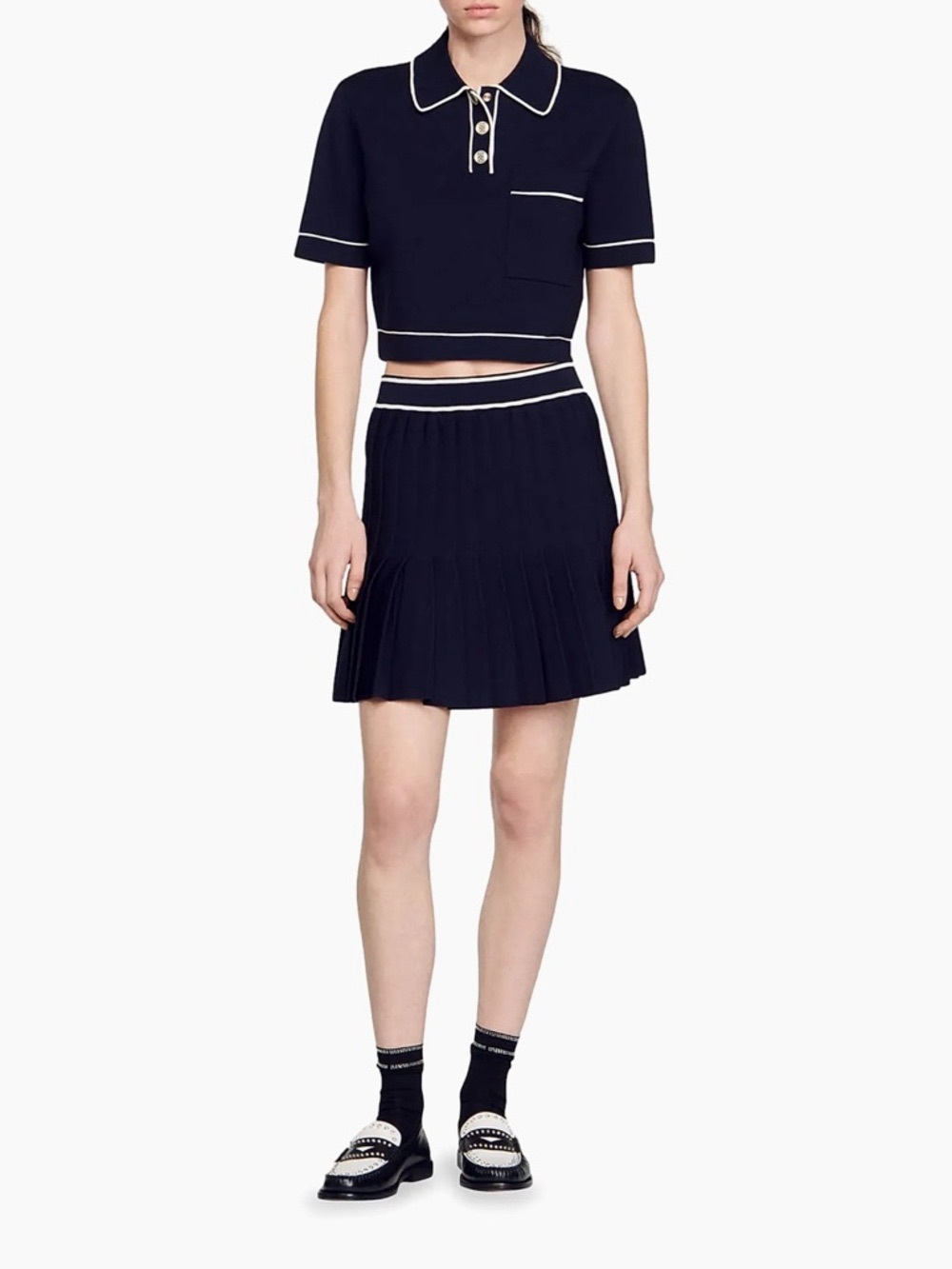 Sandro Navy Cropped Polo Top with White Piping - Picture 5 of 7